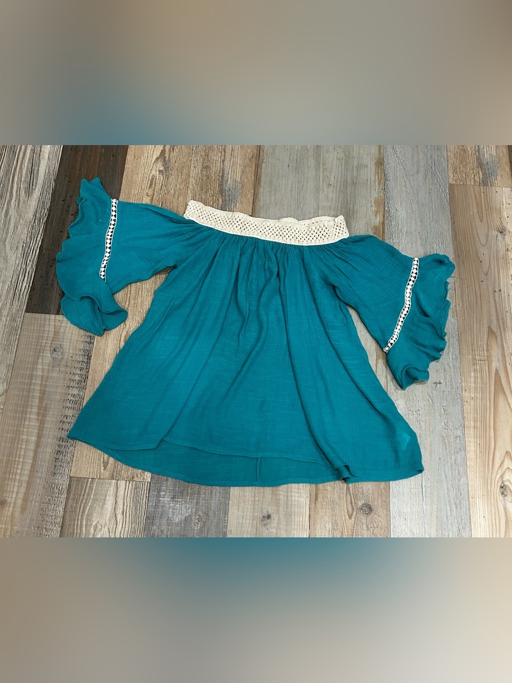 Umgee Teal Off-Shoulder Cotton Top with Crochet Yoke Sz S Boho summer TC0274